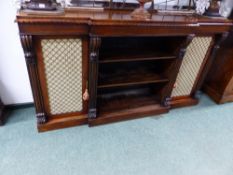 A 19th C. ROSEWOOD BREAKFRONT SIDE CABINET, THE CENTRAL OPEN SHELVES FLANKED BY LEAF TOPPED REEDED