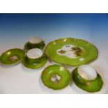 A MEISSEN APPLE GREEN GROUND TRAY, THREE COFFEE CUPS AND FIVE SAUCERS, EACH PAINTED WITH A LANDSCAPE