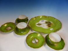 A MEISSEN APPLE GREEN GROUND TRAY, THREE COFFEE CUPS AND FIVE SAUCERS, EACH PAINTED WITH A LANDSCAPE