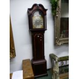 A GEORGIAN AND LATER MAHOGANY LONG CASED CLOCK WITH MOON PHASE INDICATOR PAINTED IN THE ARCH OF