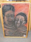 20th.C. AFRICAN SCHOOL. PORTRAIT OF TWO FIGURES. INDISTINCTLY SIGNED AND DATED 1977. OIL ON PAPER ?.