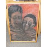 20th.C. AFRICAN SCHOOL. PORTRAIT OF TWO FIGURES. INDISTINCTLY SIGNED AND DATED 1977. OIL ON PAPER ?.