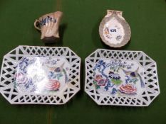 A ROCKINGHAM FLORAL PAINTED BUTTER SHELL. W 14cms. A PAIR OF HICKS AND MEIGH BASKET EDGED DISHES.