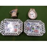 A ROCKINGHAM FLORAL PAINTED BUTTER SHELL. W 14cms. A PAIR OF HICKS AND MEIGH BASKET EDGED DISHES.