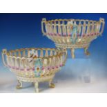 A PAIR OF MARCOLINI MEISSEN TWO HANDLED OVAL BASKETS, EACH PAINTED WITH EXOTIC BIRDS AND INSECTS AND