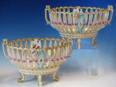 A PAIR OF MARCOLINI MEISSEN TWO HANDLED OVAL BASKETS, EACH PAINTED WITH EXOTIC BIRDS AND INSECTS AND