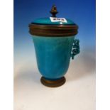A CHINESE TURQUOISE GLAZED TWO HANDLED JAR AND COVER WITH EUROPEAN ORMOLU MOUNTS. H 19cms.