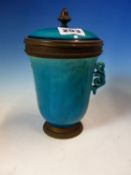 A CHINESE TURQUOISE GLAZED TWO HANDLED JAR AND COVER WITH EUROPEAN ORMOLU MOUNTS. H 19cms.