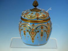 A 19th C. FRENCH JEWELLED TURQUOISE ENAMEL JAR WITH HINGED COVER CONTAINING FOUR SCENT BOTTLES.