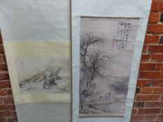 TWO CHINESE SCROLL PAINTINGS, ONE WITH AN ELDERLY MAN PUNTING TWO CHILDREN PAST AN AUTUMNAL TREE. 87