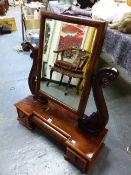 AN EARLY VICTORIAN MAHOGANY DRESSING TABLE MIRROR, THE RECTANGULAR PLATE SUPPORTED BETWEEN S-