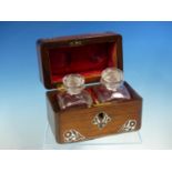 A MID VICTORIAN MOTHER OF PEARL FLORAL INLAID ROSEWOOD BOX CONTAINING TWO CLEAR GLASS SCENT