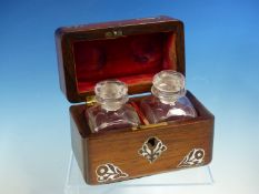 A MID VICTORIAN MOTHER OF PEARL FLORAL INLAID ROSEWOOD BOX CONTAINING TWO CLEAR GLASS SCENT