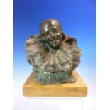 AN ART DECO GREEN PATINATED BRONZE BUST OF A SMILING PIERETTE, INDISTINCT SIGNATURE AND FOUNDERS