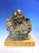 AN ART DECO GREEN PATINATED BRONZE BUST OF A SMILING PIERETTE, INDISTINCT SIGNATURE AND FOUNDERS