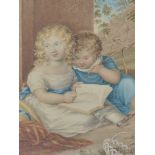 RICHARD WESTALL (1765-1836). TWO CHILDREN READING. WATERCOLOUR, SIGNED, EXTENSIVELY INSCRIBED VERSO.