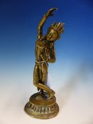 A TIBETAN POLISHED BRONZE FIGURE OF TARA DANCING WEARING A TIARA AND BEADED JEWELLERY. H 20.5cms.