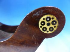 A 19th C. MAHOGANY CHEESE COASTER, THE SIDES INLAID WITH BONE ROUNDELS, FLOWER HEADS AND LEAF