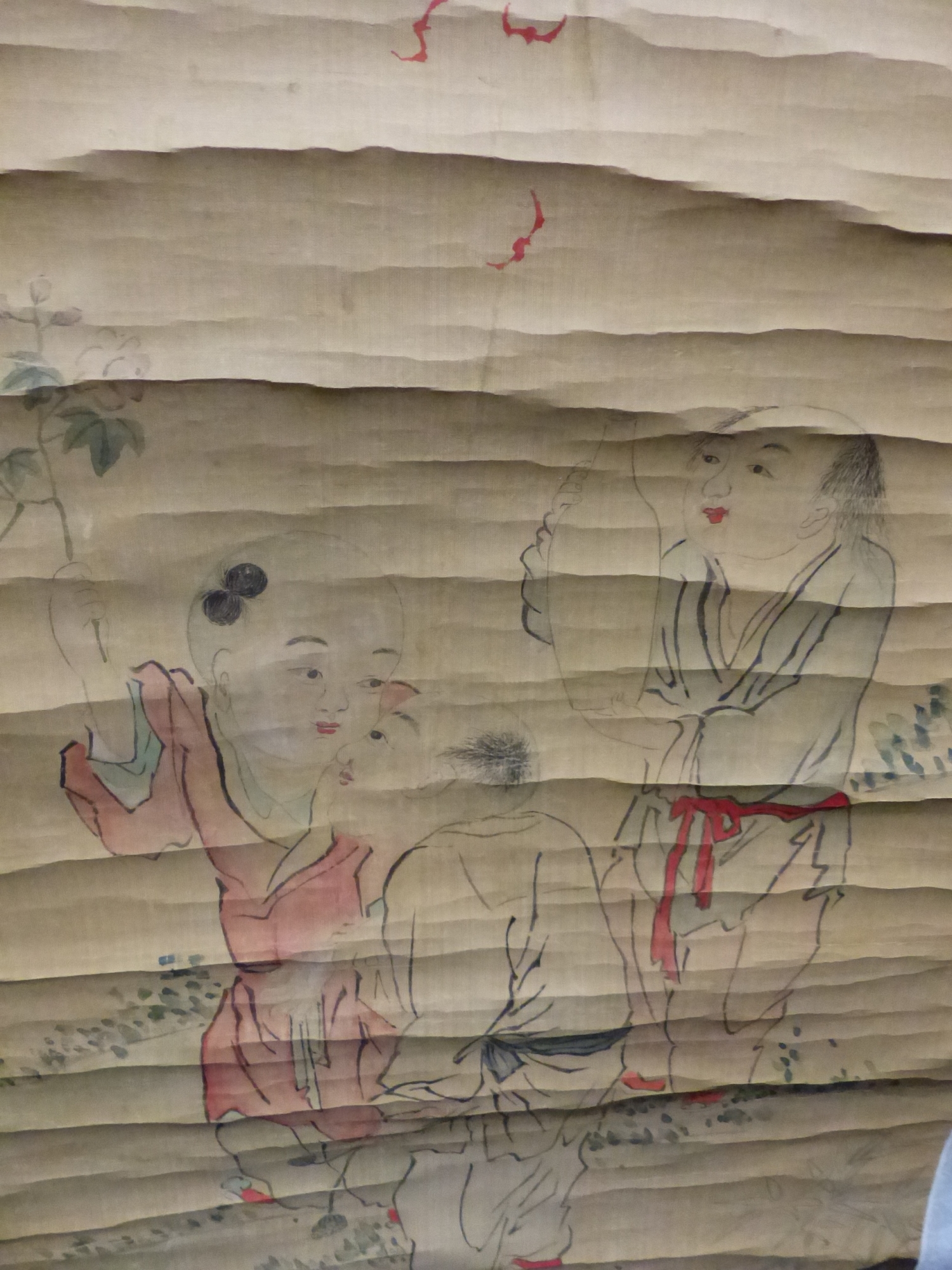 THREE CHINESE SCROLLS, ONE PRINTED WITH THREE BOYS RELEASING RED BATS. 94 x 37cms. THE SECOND WITH - Image 7 of 13