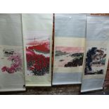 FOUR VARIOUS CHINESE SCROLLS, DEPICTING SHIPPING ON A RIVER. 48 x 68cms. HOUSES BELOW CRAGS. 69 x