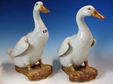 A PAIR OF CHINESE PORCELAIN WHITE DUCK FIGURES WITH WOOD STANDS, THE BEAKS AND FEET OCHRE GLAZED.