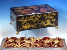 A CHINESE GILT BLACK LACQUER WORK BOX WITH BONE FITTINGS IN A LIFT OUT TRAY ABOVE A DRAWER AND THE