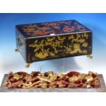 A CHINESE GILT BLACK LACQUER WORK BOX WITH BONE FITTINGS IN A LIFT OUT TRAY ABOVE A DRAWER AND THE