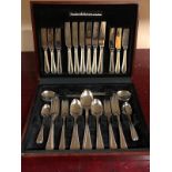 SANDERS & BOWERS OF SHEFFIELD 44 PIECE EPNS CANTEEN OF CUTLERY CASED SET. FITTED IN A WOODEN CASE