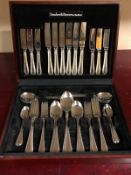 SANDERS & BOWERS OF SHEFFIELD 44 PIECE EPNS CANTEEN OF CUTLERY CASED SET. FITTED IN A WOODEN CASE