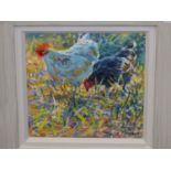 L. DINGLEY (b. 1959). ARR. CHICKENS. SIGNED, OIL ON BOARD. 20 x 20cms.