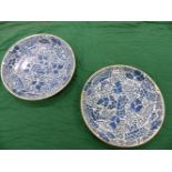 A PAIR OF 18th C. CHINESE BLUE AND WHITE DISHES, THE INTERIORS PAINTED OVERALL WITH SCROLLING LOTUS.