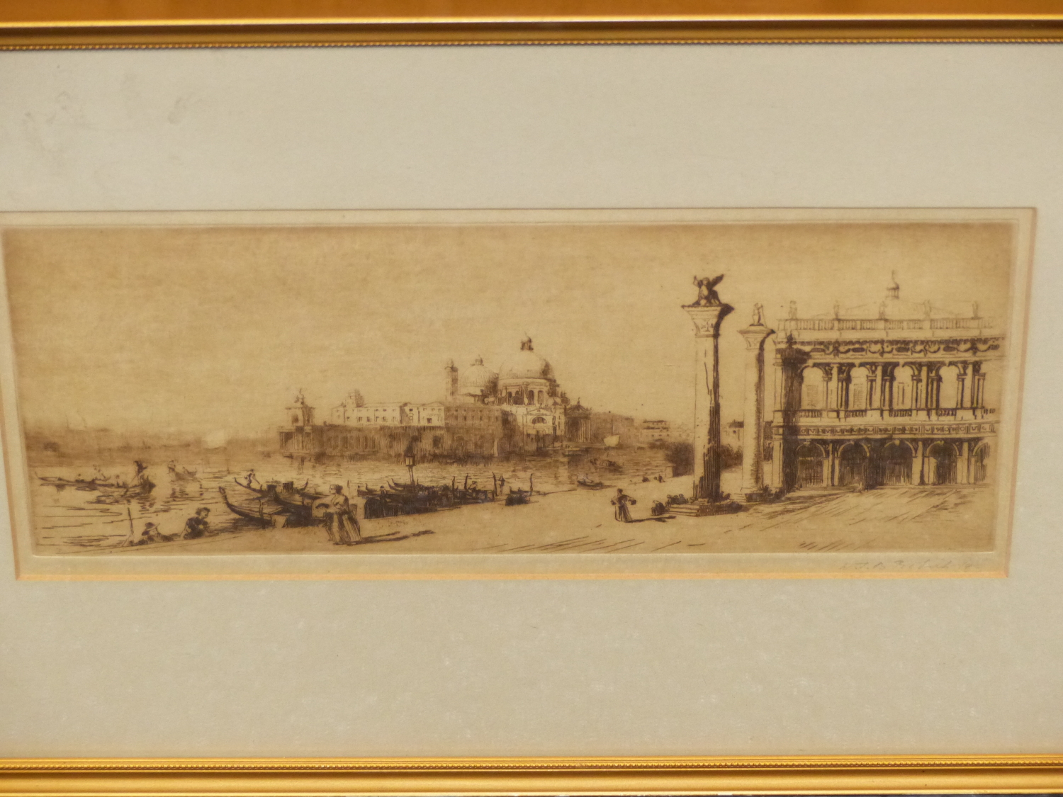 19th/20th.C. ENGLISH SCHOOL. A VIEW OF VENICE. INDISTINCTLY PENCIL SIGNED ETCHING. 14 x 31cms.