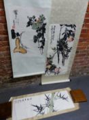 THREE CHINESE SCROLLS, ONE PAINTED WITH A SECTION OF BAMBOO. 33.5 x 97cms. THE SECOND DEPICTING