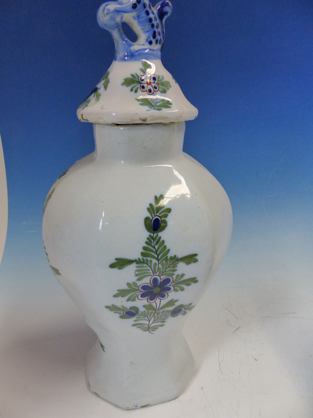 TWO 19th C. DUTCH DELFT POLYCHROME VASES AND COVERS OF FLATTENED BALUSTER SHAPE, ONE PAINTED WITH - Image 7 of 14