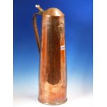 AN ART NOUVEAU GLASGOW STYLE COPPER TALL FLAGON WITH HINGED COVER WORKED WITH A LADYS HEAD