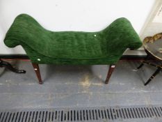 A SHERATON STYLE MAHOGANY WINDOW SEAT, THE GREEN CORDUROY ARMS CURVING DOWN INTO THE SEAT, THE