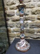 AN EGYPTIAN CHAMPLEVE ENAMELLED COLUMNAR TABLE LAMP WITH FOUR BANDS OF INSCRIPTION SPIRALLY UP