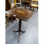 A 19th C. MAHOGANY TRIPOD TABLE, THE RECTANGULAR TOP INLAID WITH A SHELL OVAL, THE COLUMN TURNED
