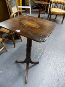 A 19th C. MAHOGANY TRIPOD TABLE, THE RECTANGULAR TOP INLAID WITH A SHELL OVAL, THE COLUMN TURNED