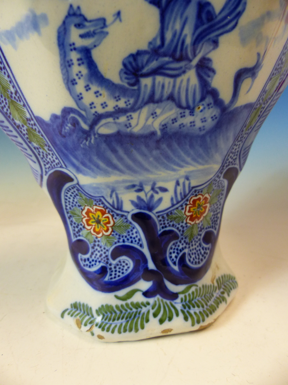 TWO 19th C. DUTCH DELFT POLYCHROME VASES AND COVERS OF FLATTENED BALUSTER SHAPE, ONE PAINTED WITH - Image 12 of 14