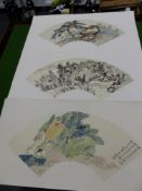 THREE CHINESE FAN LEAF PAINTINGS, TWO BY THE SAME HAND OF HOUSES IN LANDSCAPE, ONE IN COLOUR AND ONE