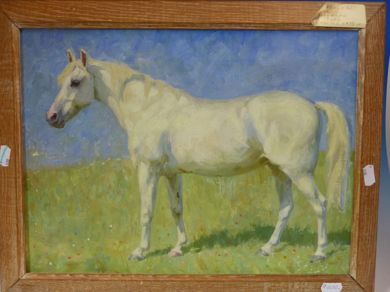 MAIMIE LOYD (20th.C. ENGLISH SCHOOL). PORTRAIT OF A PONY, MERRYLEGS. INSCRIBED VERSO, OIL ON CANVAS. - Image 2 of 5