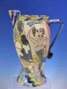 A PAUL JACKSON 1988 ART POTTERY JUG, THE SINUOUS HEXAGONAL SIDES SGRAFITTO DECORATED AND PAINTED