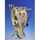 A PAUL JACKSON 1988 ART POTTERY JUG, THE SINUOUS HEXAGONAL SIDES SGRAFITTO DECORATED AND PAINTED
