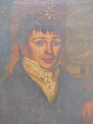 EARLY 19th.C. ENGLISH NAIVE SCHOOL. PORTRAIT OF A YOUNG MAN. OIL ON CANVAS, MAPLE FRAME. 60 x