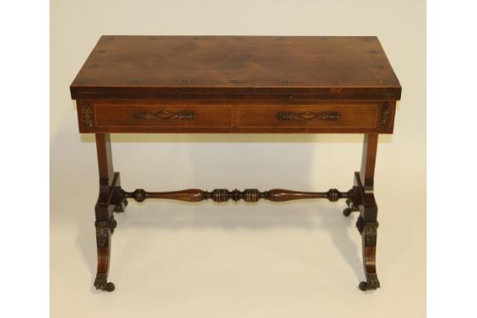 19th century English Regency games table, fold-over inlaid top over the frieze with raised - Image 6 of 14