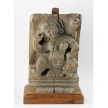 Ancient Indian wood carving of Durga, goddess of war, 17" H x 9" W on wood stand. Provenance: From a