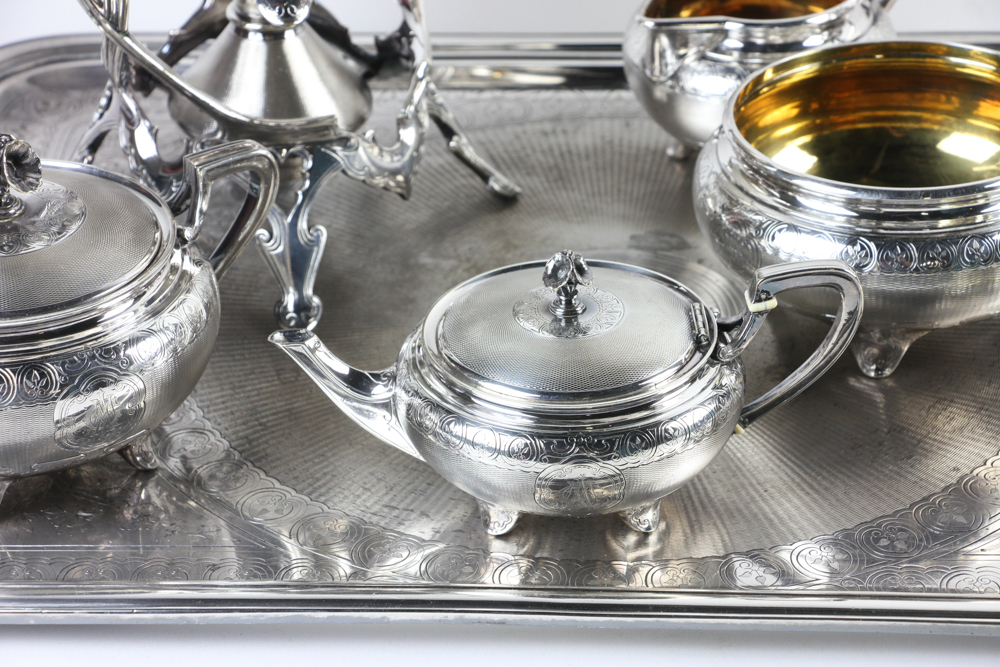 Christofle marked 8 piece silverplated tea set having a dragon handle tray, marking numbers 30, - Image 5 of 10