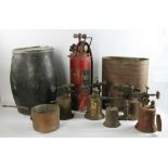 Fire extinguishers, hose nozzle, blowtorches, bucket, copper and brass, thirteen (13) pieces