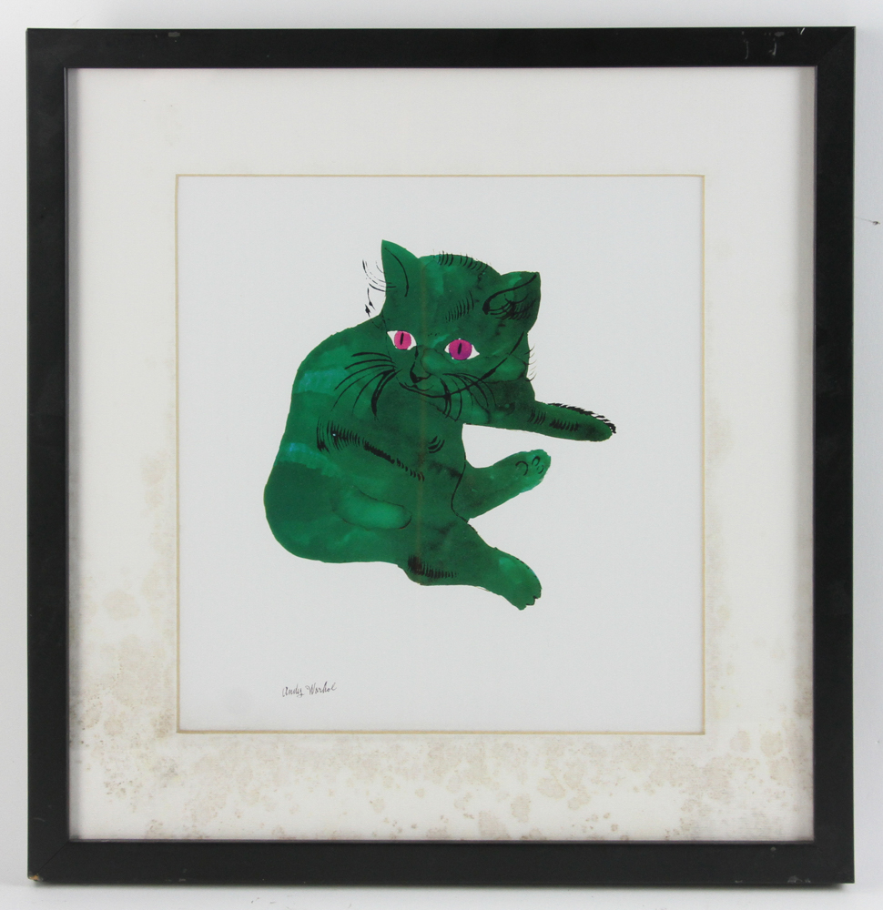 Andy Warhol, green cat, print, 11 1/2" x 10 1/2", framed 17 1/2" x 17". Provenance: From a Newton,